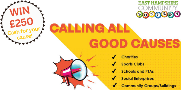 Calling all good causes with megaphone graphic 'calling' to WIN £250 cash for their cause